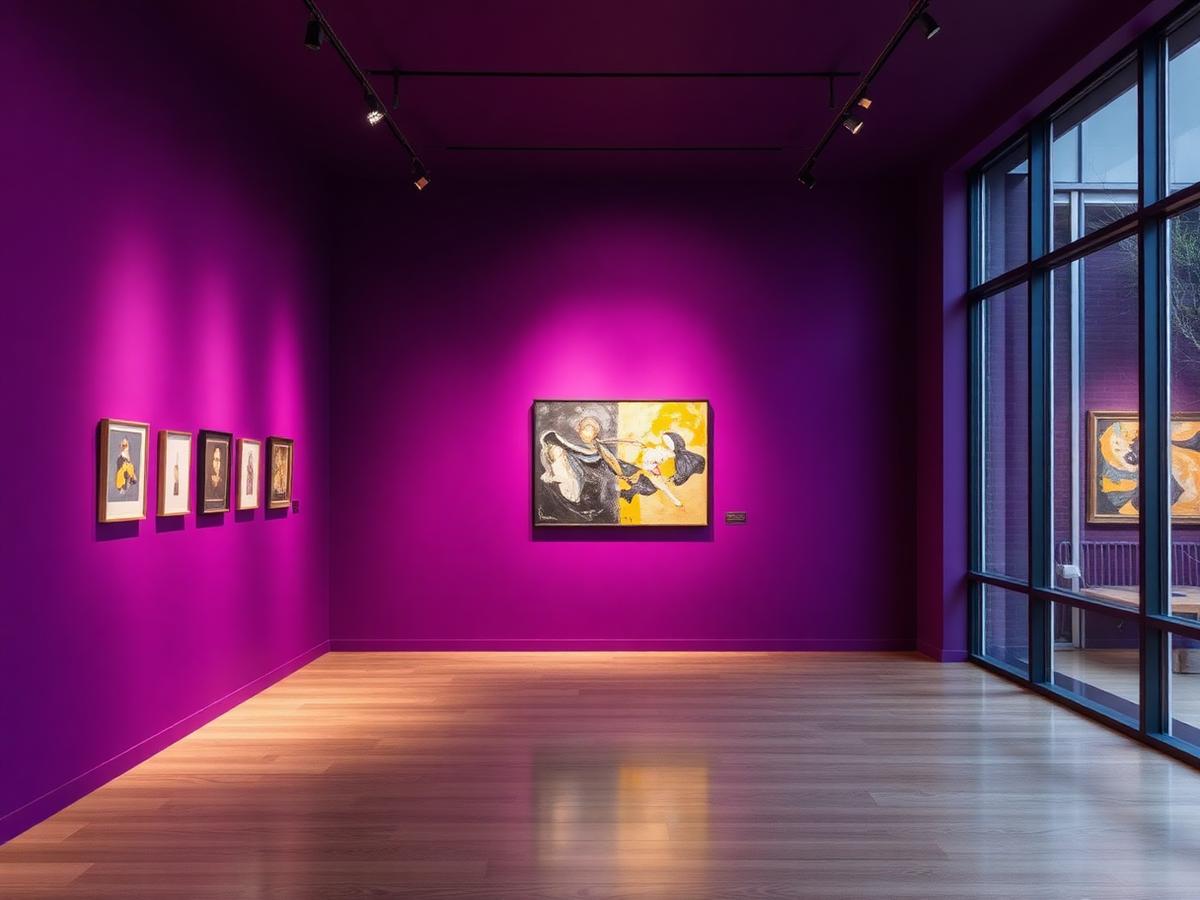 A magenta gallery wall with a single illuminated painting